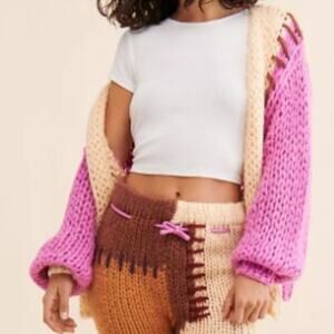SAACHI Colorblock Patchwork Chunky Open-Front Oversized Small Cardigan Sweater